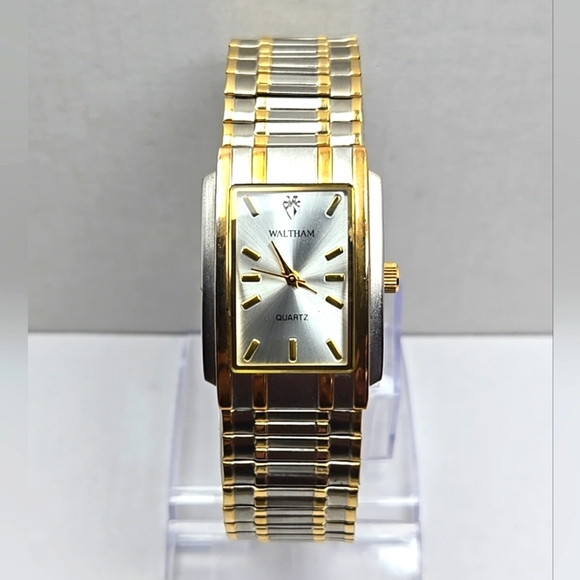 Waltham WTH13 Mens Tank Watch Gold Silver Tone Quartz Diamond Accent New Battery - Picture 1 of 10